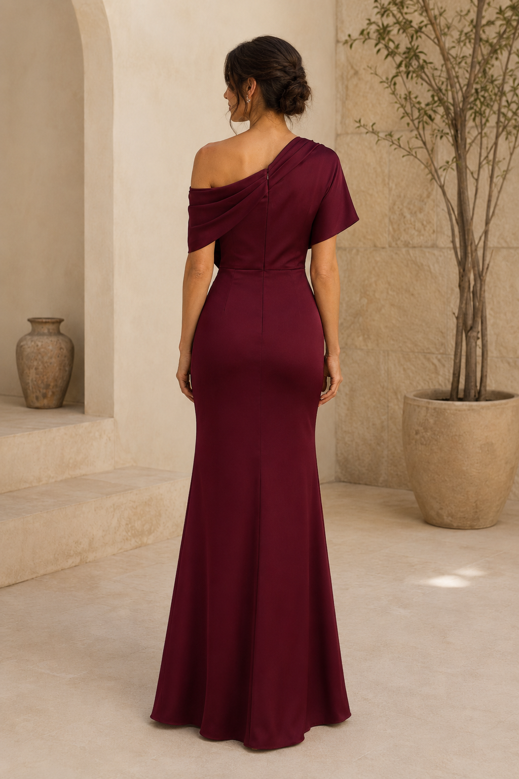 Vestido de noche de satén drapeado de un solo hombro con corte de sirena