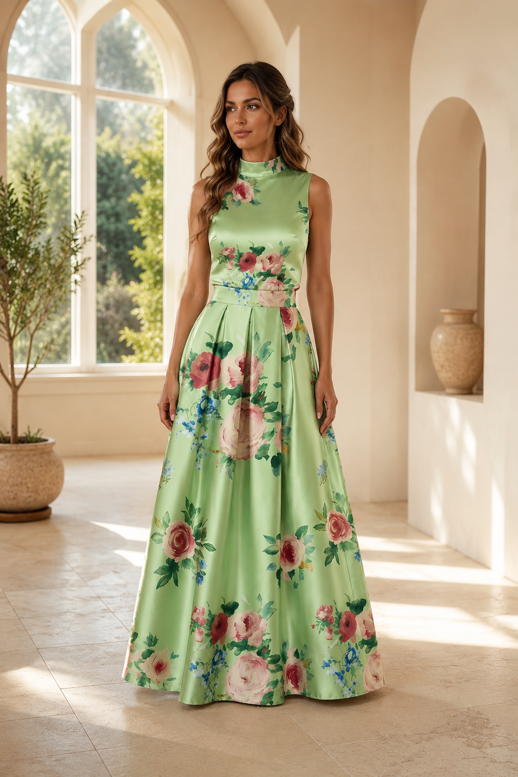 Vestido maxi acampanado de satén con estampado floral y cuello alto
