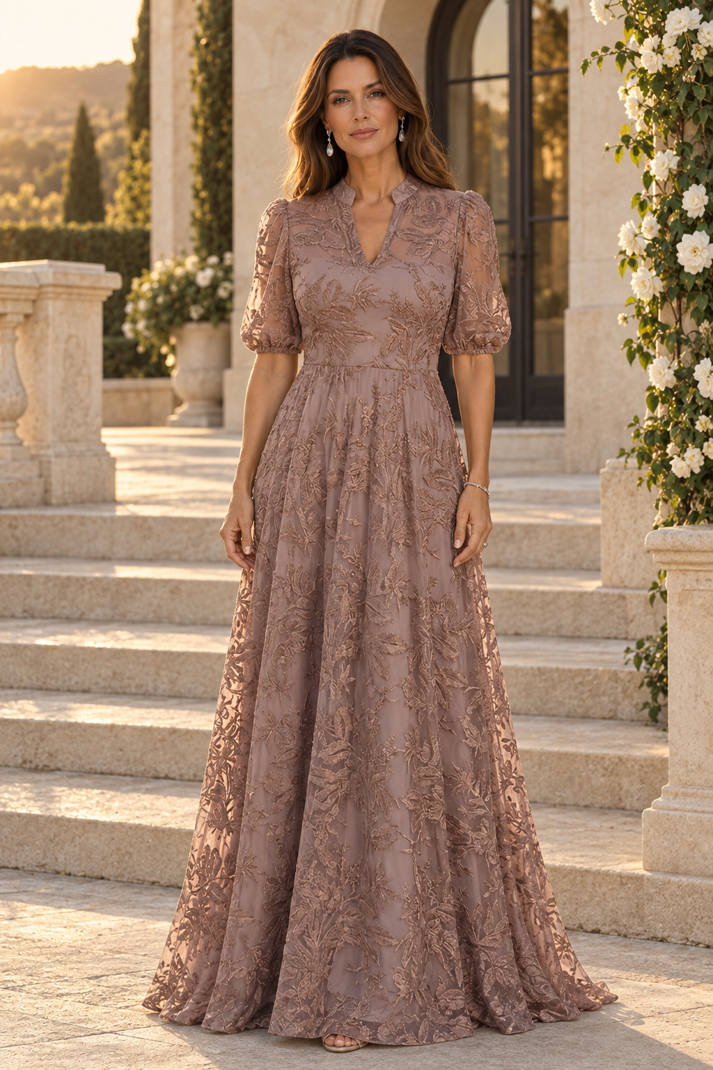 Vestido acampanado de encaje bordado con mangas abullonadas