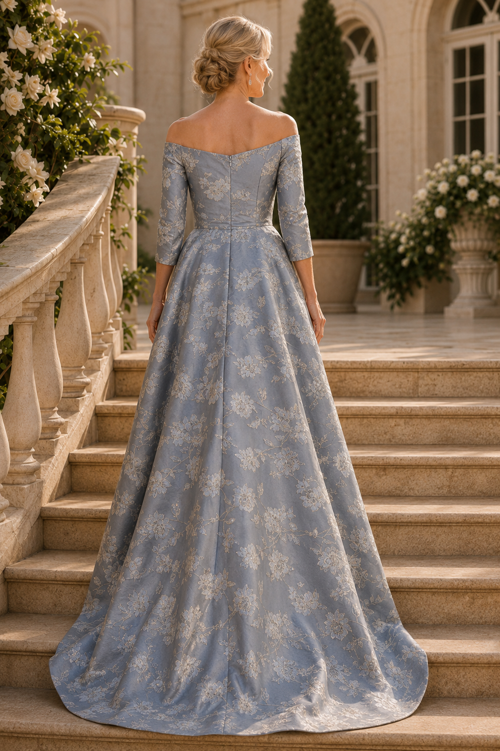 Vestido de gala floral jacquard con dobladillo alto-bajo y mangas 3/4