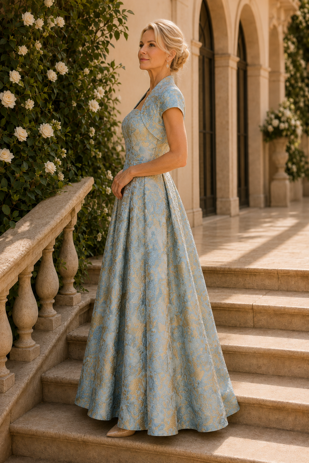 Vestido de fiesta formal brocado de corte A con bolero corto