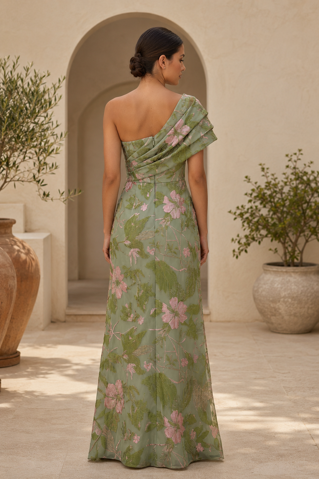 Vestido de Noche Estampado Floral con Hombro Descubierto y Drapeado Plisado