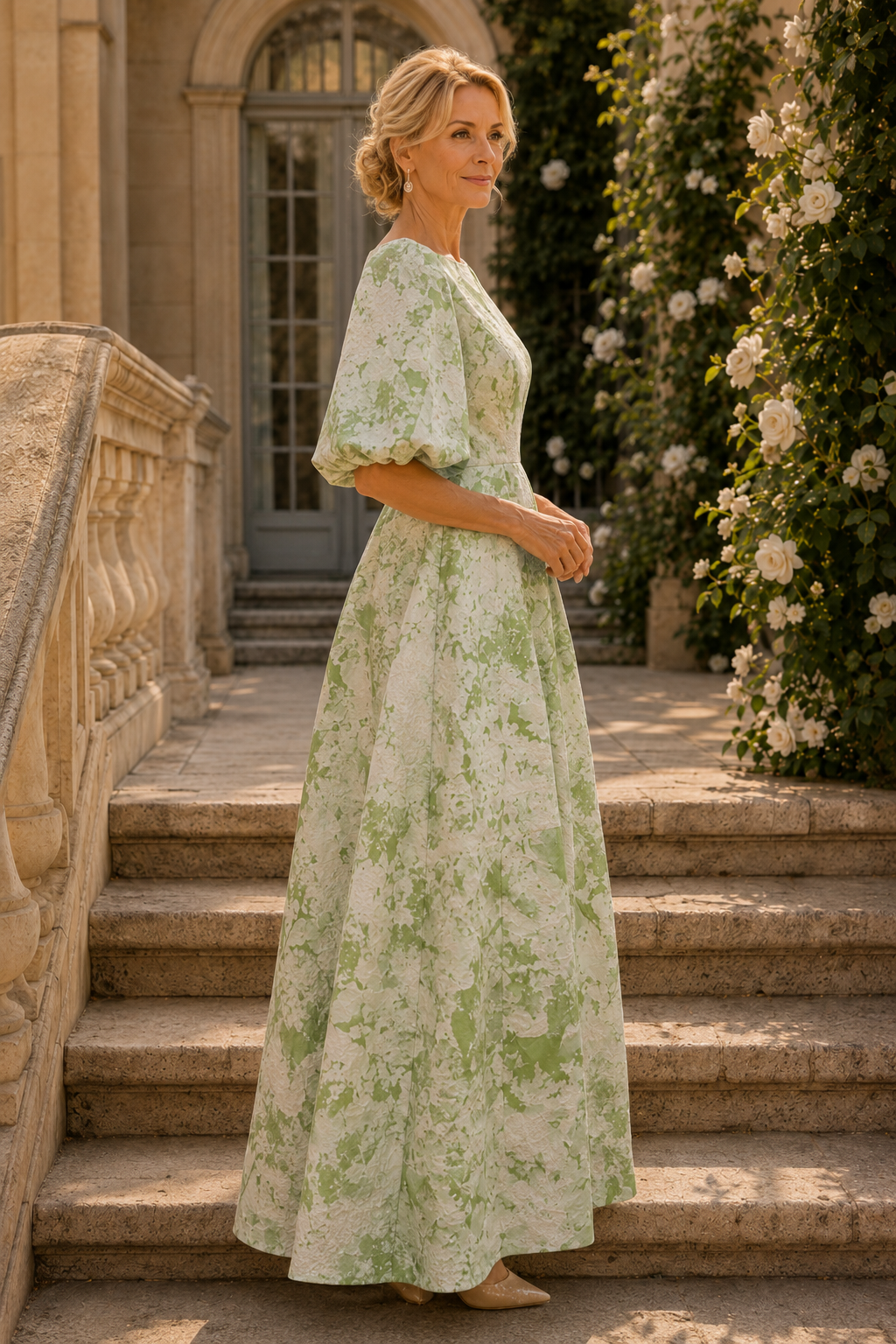 Vestido largo plisado de corte A con mangas abullonadas