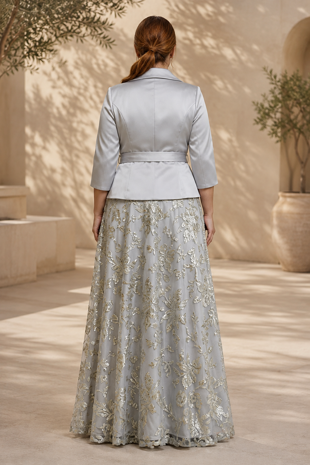 Conjunto de dos piezas de chaqueta cruzada y falda floral de lentejuelas