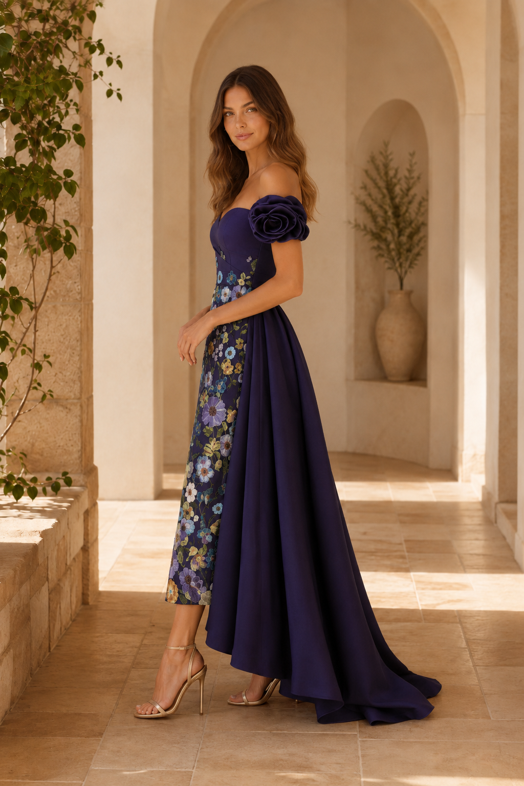 Vestido largo floral con hombros descubiertos, tirantes de roseta y sobrefalda