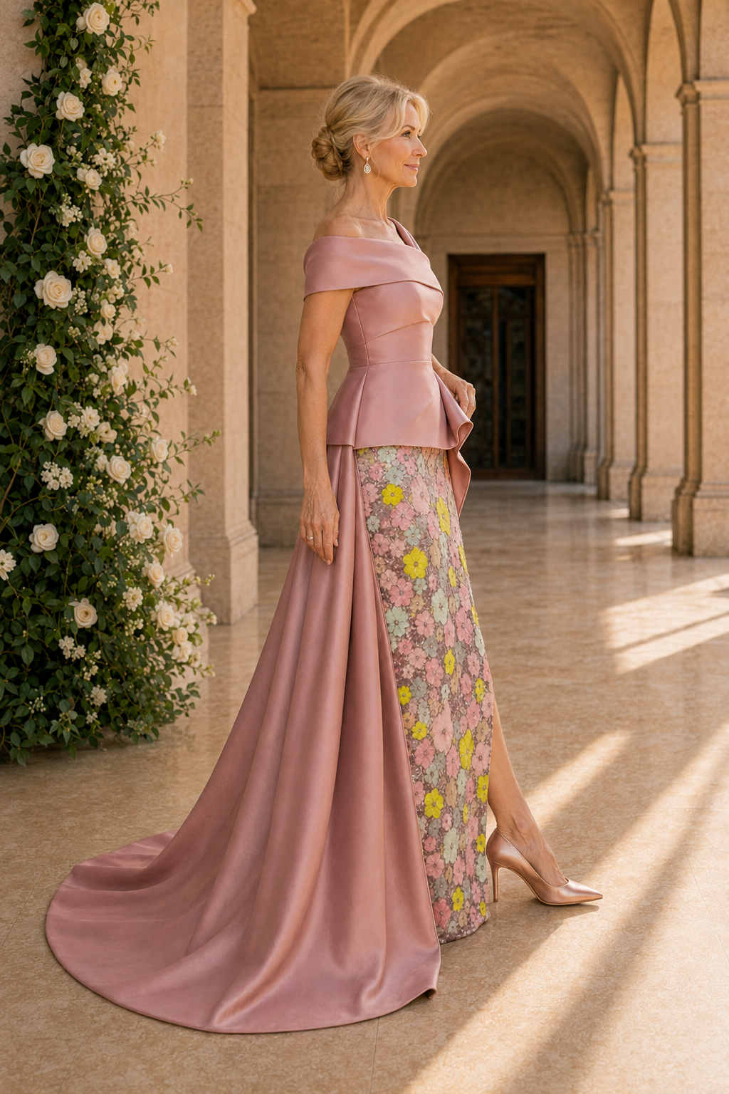 Vestido de noche de satén asimétrico con falda floral