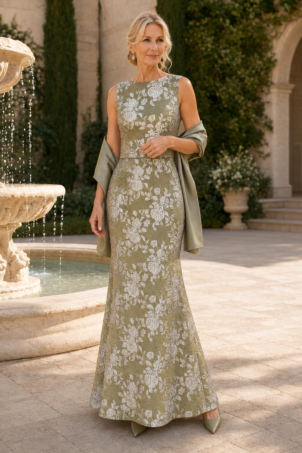 Vestido de noche de jacquard floral sin mangas con corte de trompeta