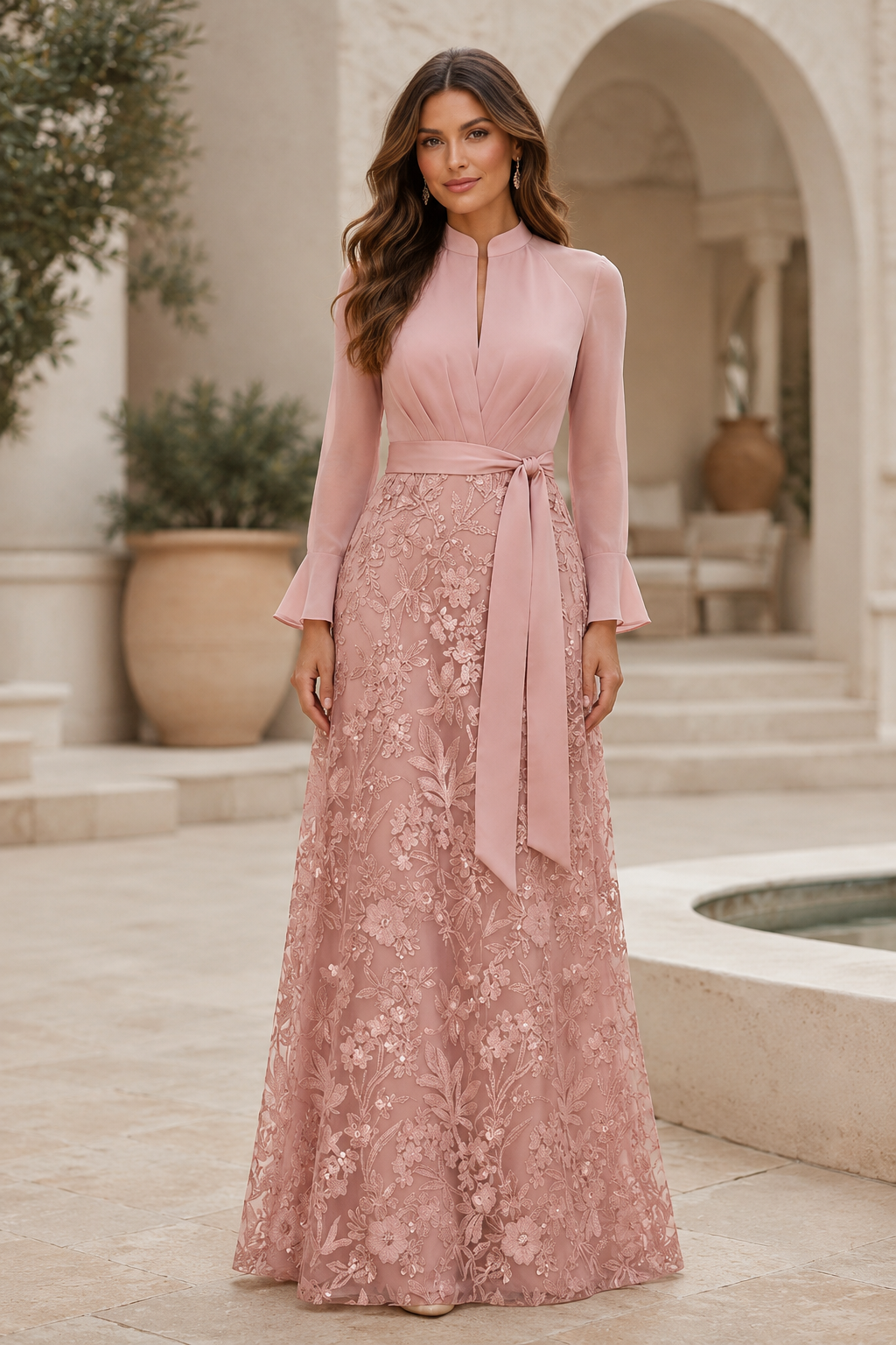 Elegante Vestido de Noche en Línea A con Cuello Alto y Encaje
