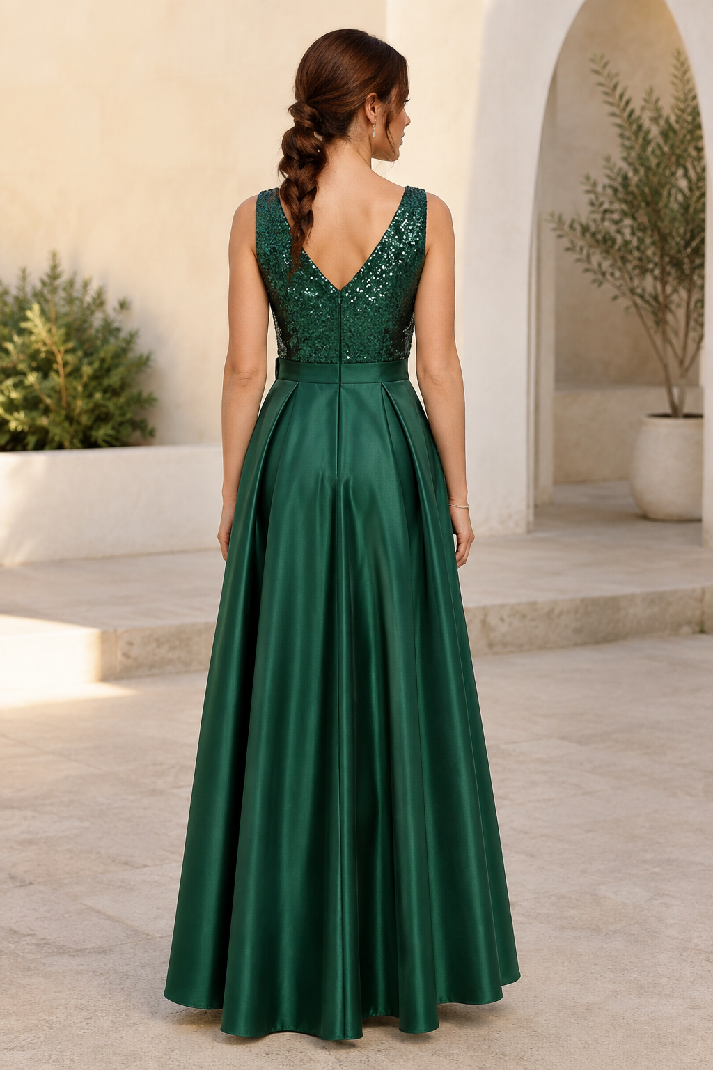 Vestido de noche de satén con corpiño de lentejuelas y corte asimétrico (High-Low)
