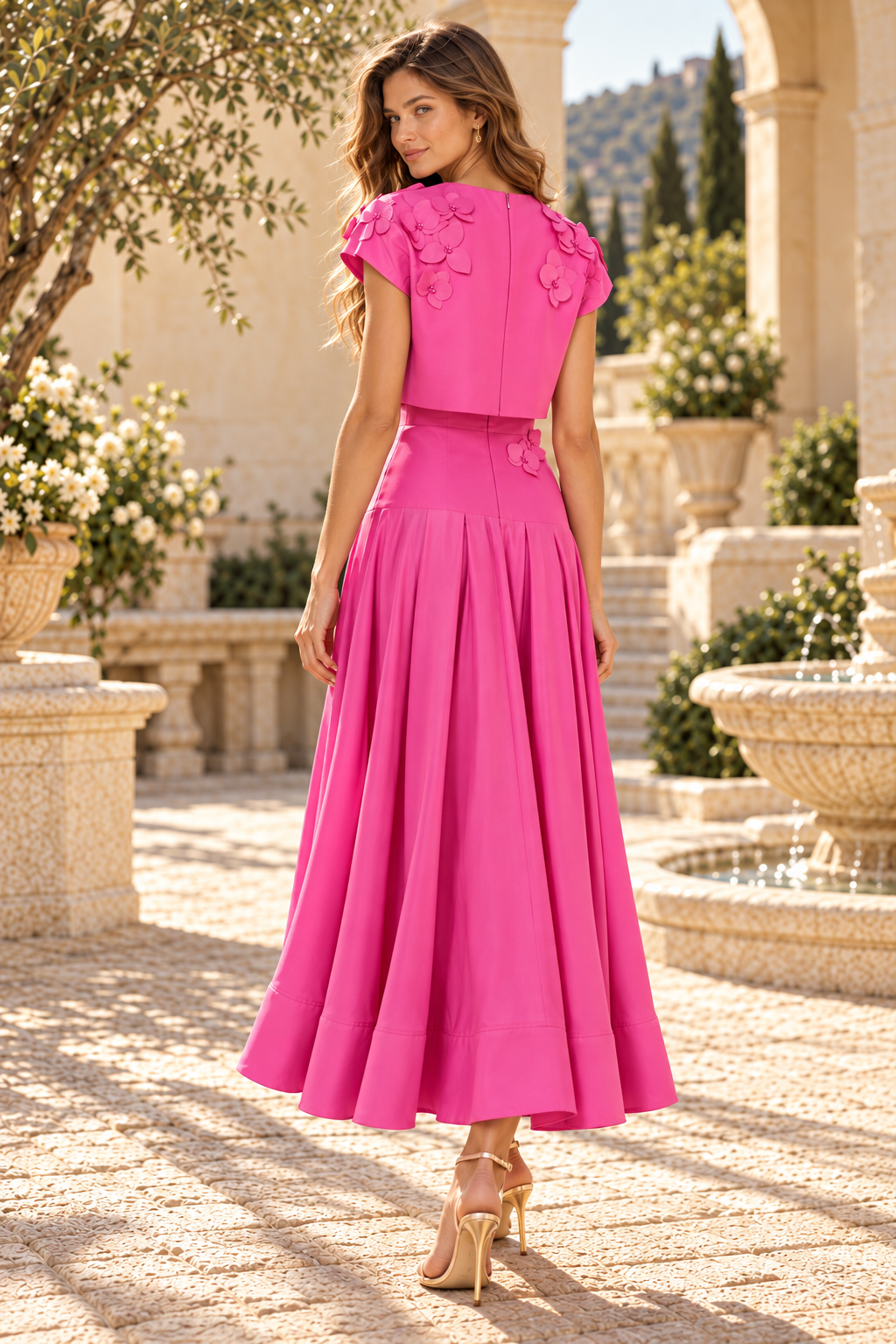 Floral Applique Two-Piece Pleated Midi Set