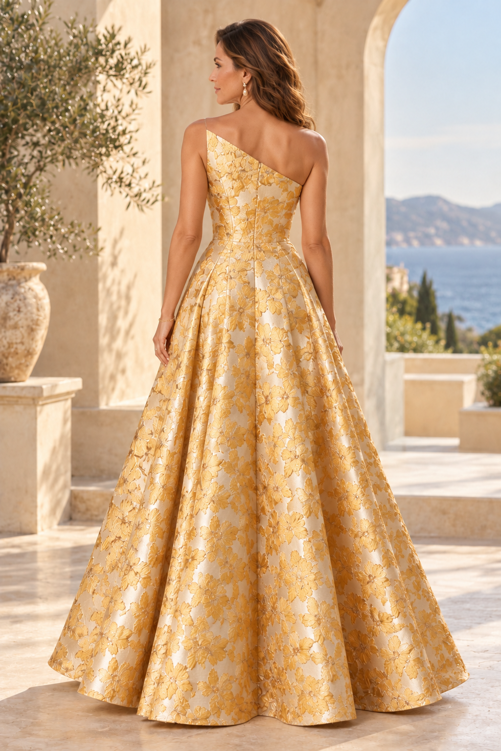 One-Shoulder Floral Jacquard Ball Gown