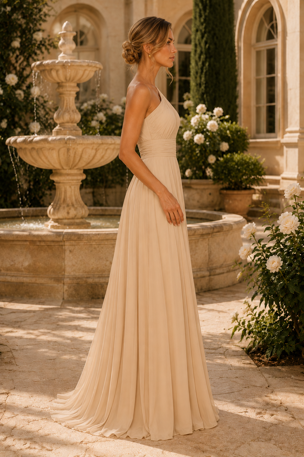 Vestido Maxi de Gasa Plisado con un Solo Hombro