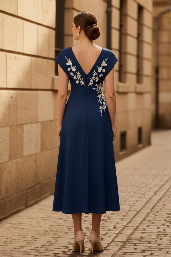 Vestido midi con apliques, escote en V y manga casquillo
