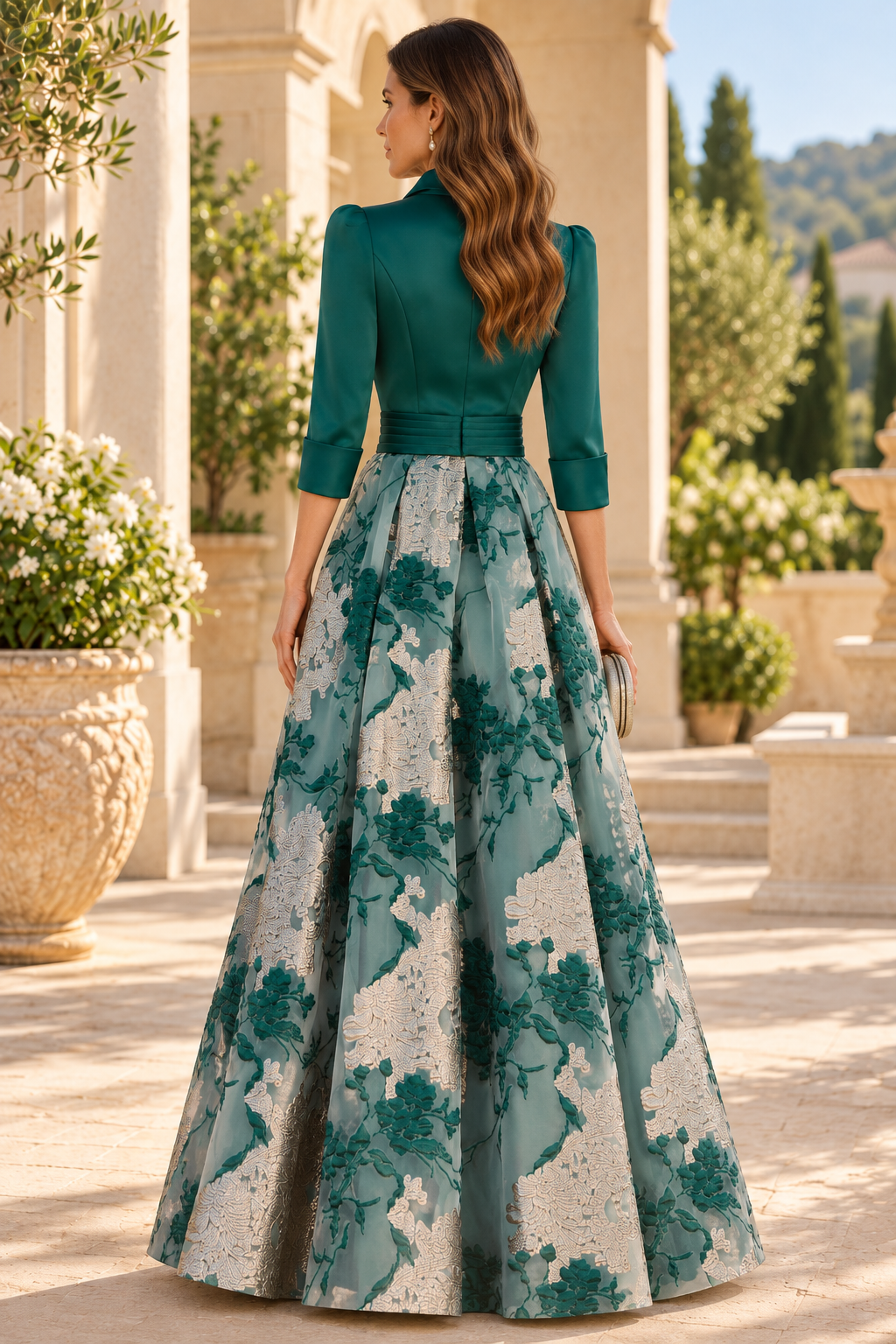 Collared Brocade Skirt Ball Gown