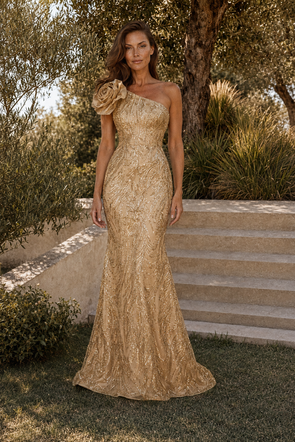 Vestido de noche sirena con lentejuelas florales y un solo hombro
