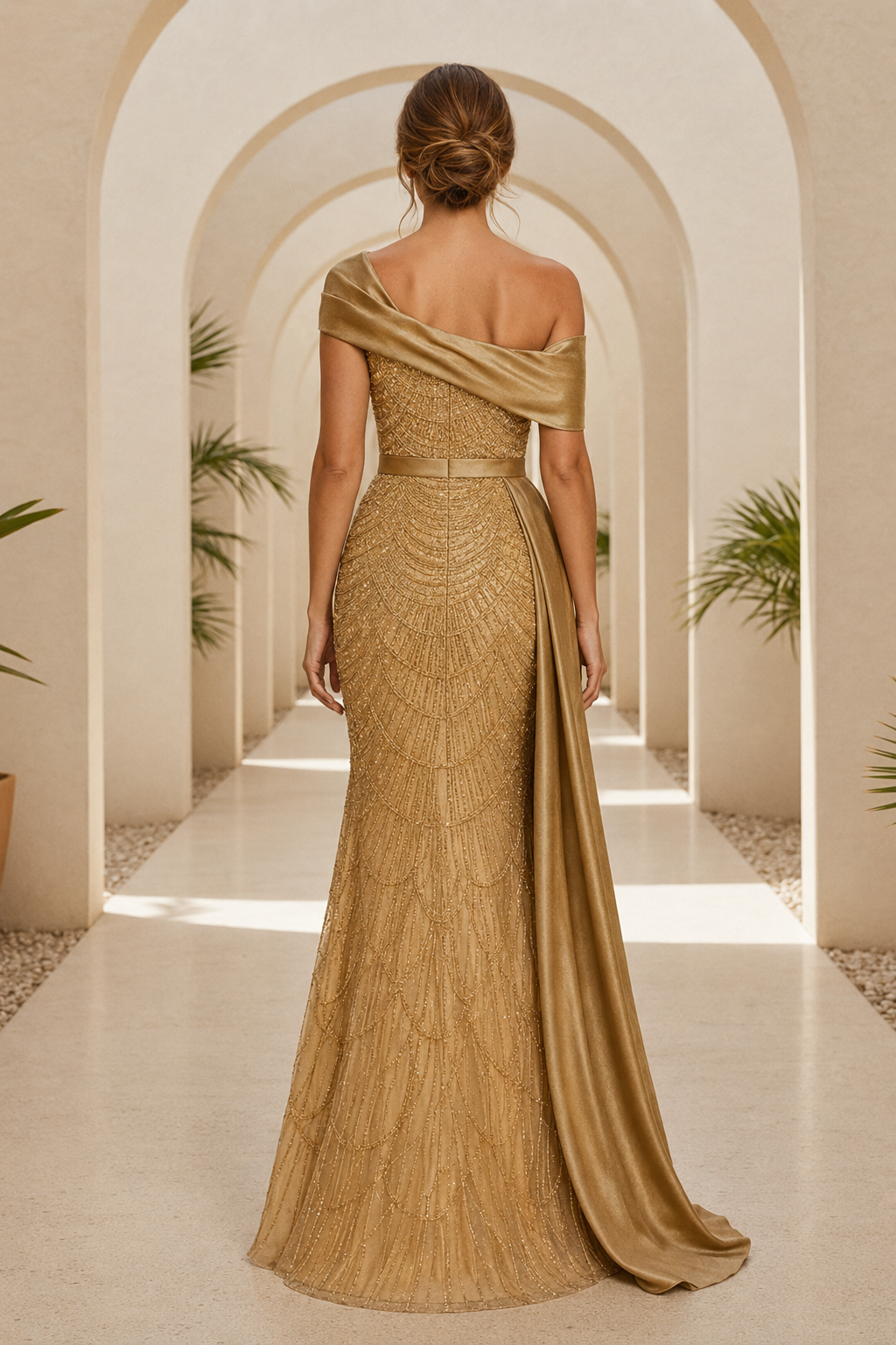 Vestido largo con escote asimétrico de cuentas y drapeado lateral