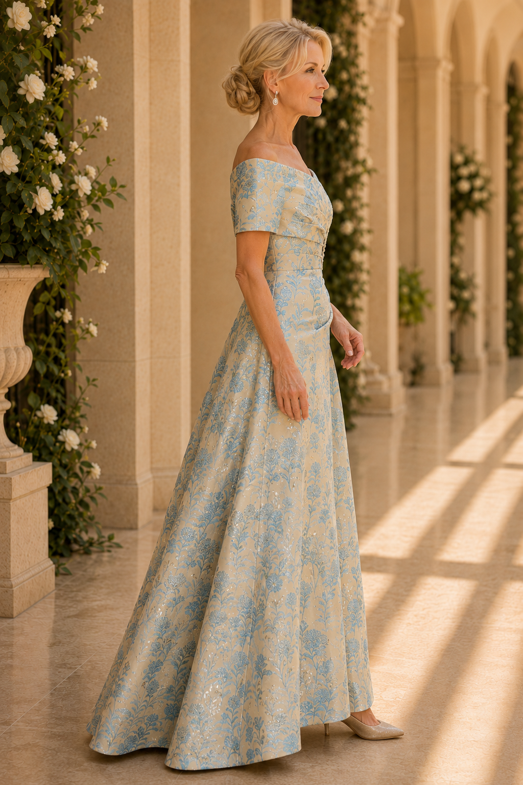 Vestido acampanado de jacquard floral con hombros descubiertos