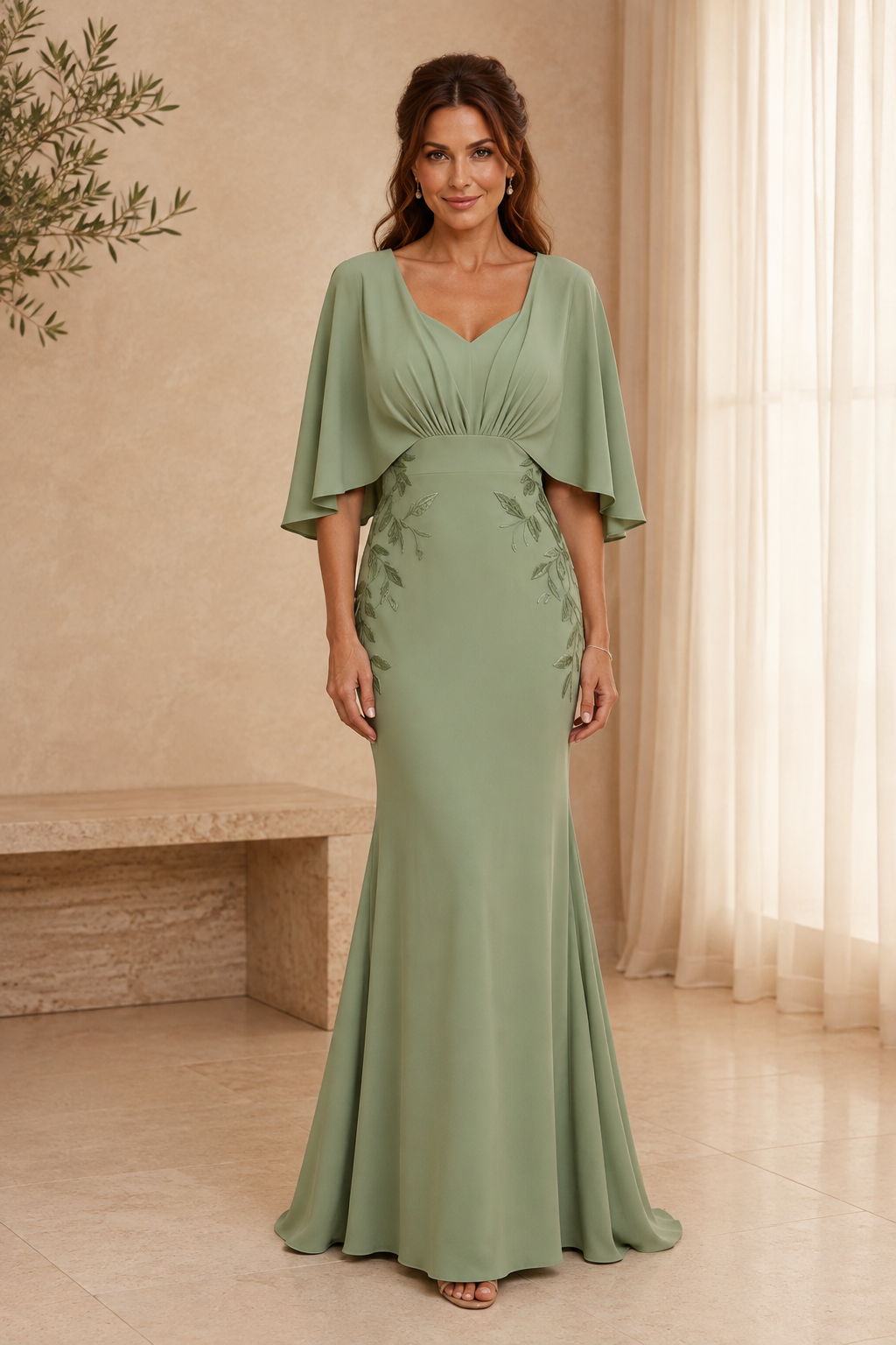 Vestido de noche sirena con mangas mariposa y bordado de enredadera
