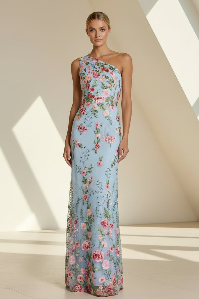 Vestido de noche asimétrico con bordado floral