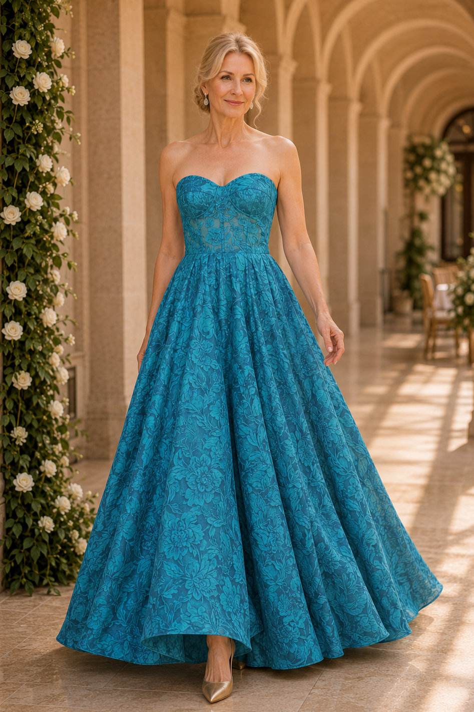 Vestido de gala floral de jacquard sin tirantes