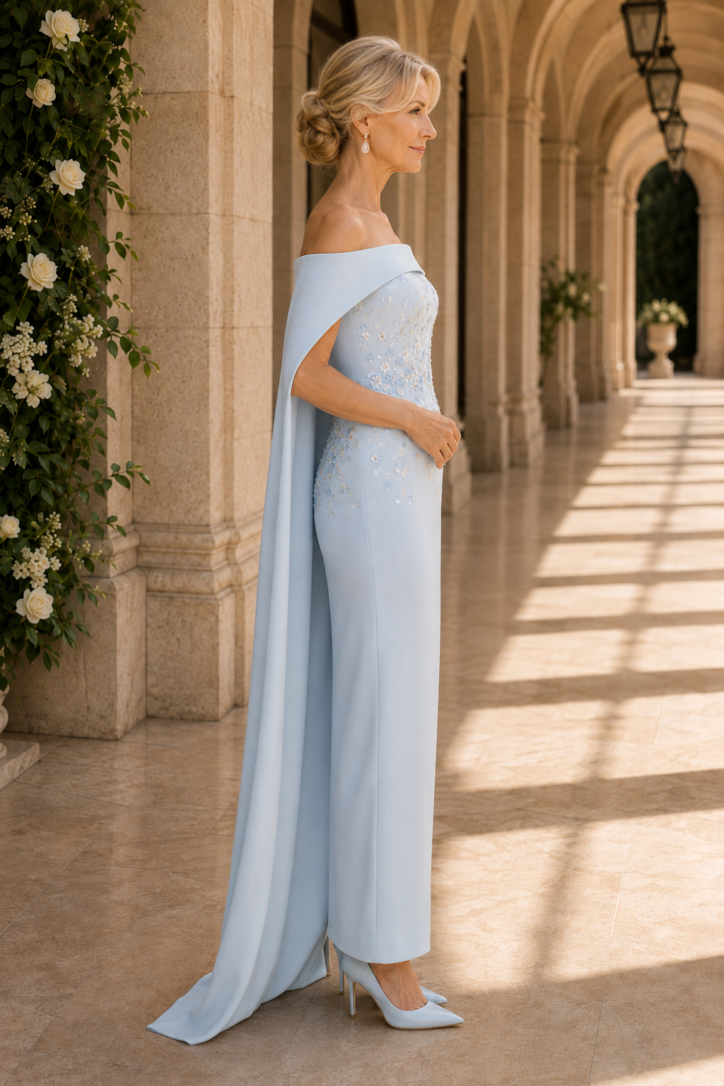 Vestido de noche de corte columna con capa con cuentas y escote bardot