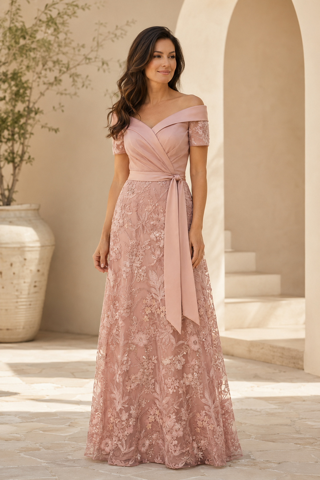 Vestido de noche estilo A con encaje y escote Bardot con fajín