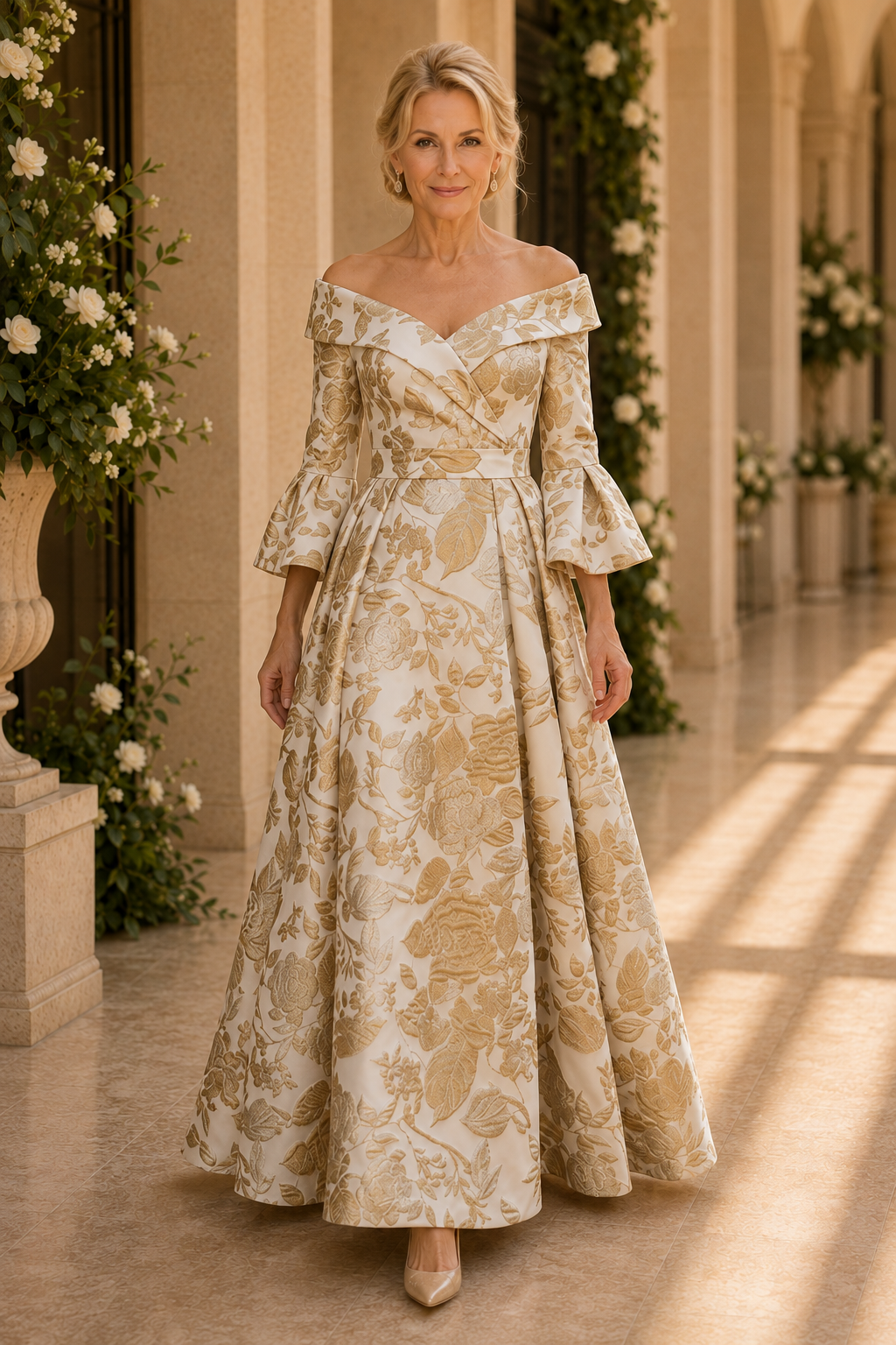 Vestido de noche de línea A de brocado con hombros descubiertos