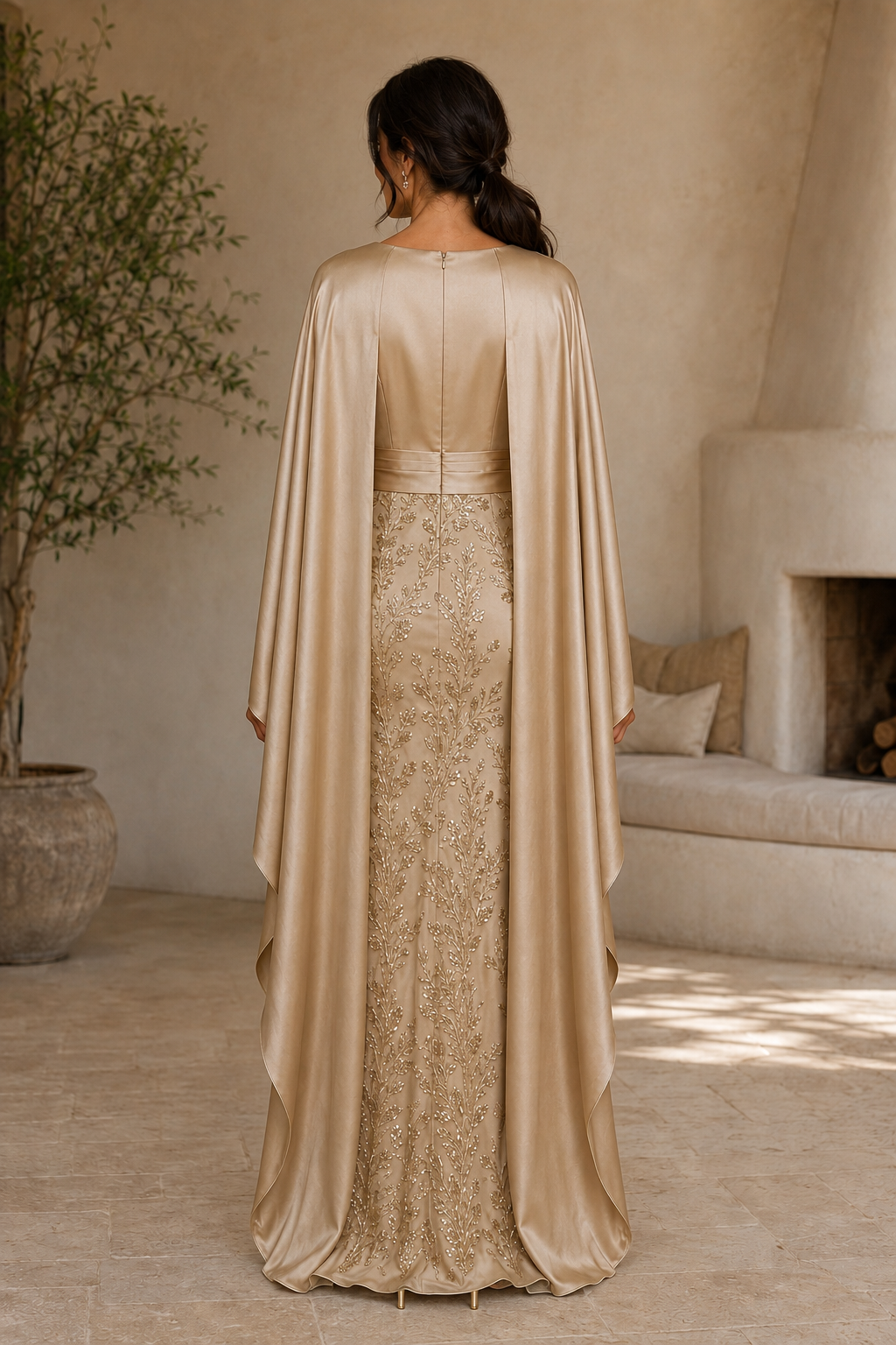 Vestido de raso plisado con capa y falda bordada