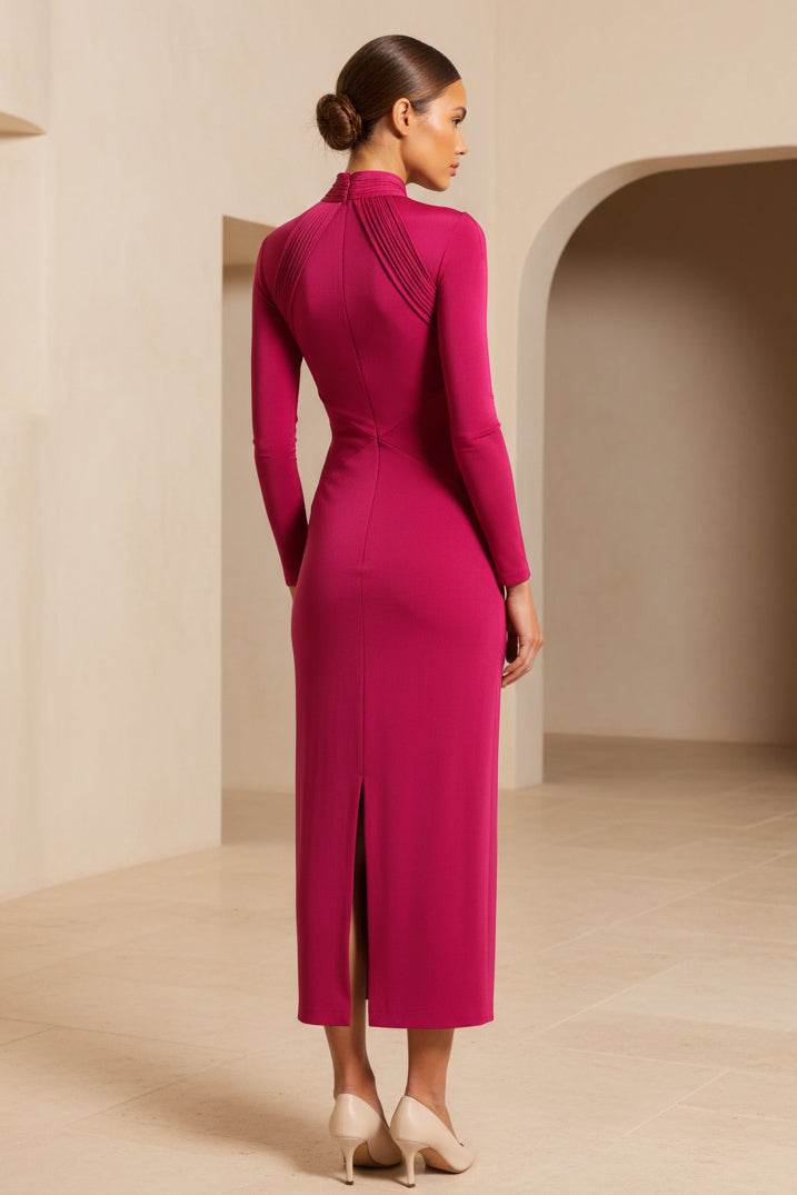 Vestido Midi Ajustado de Manga Larga con Cuello Alto y Abertura