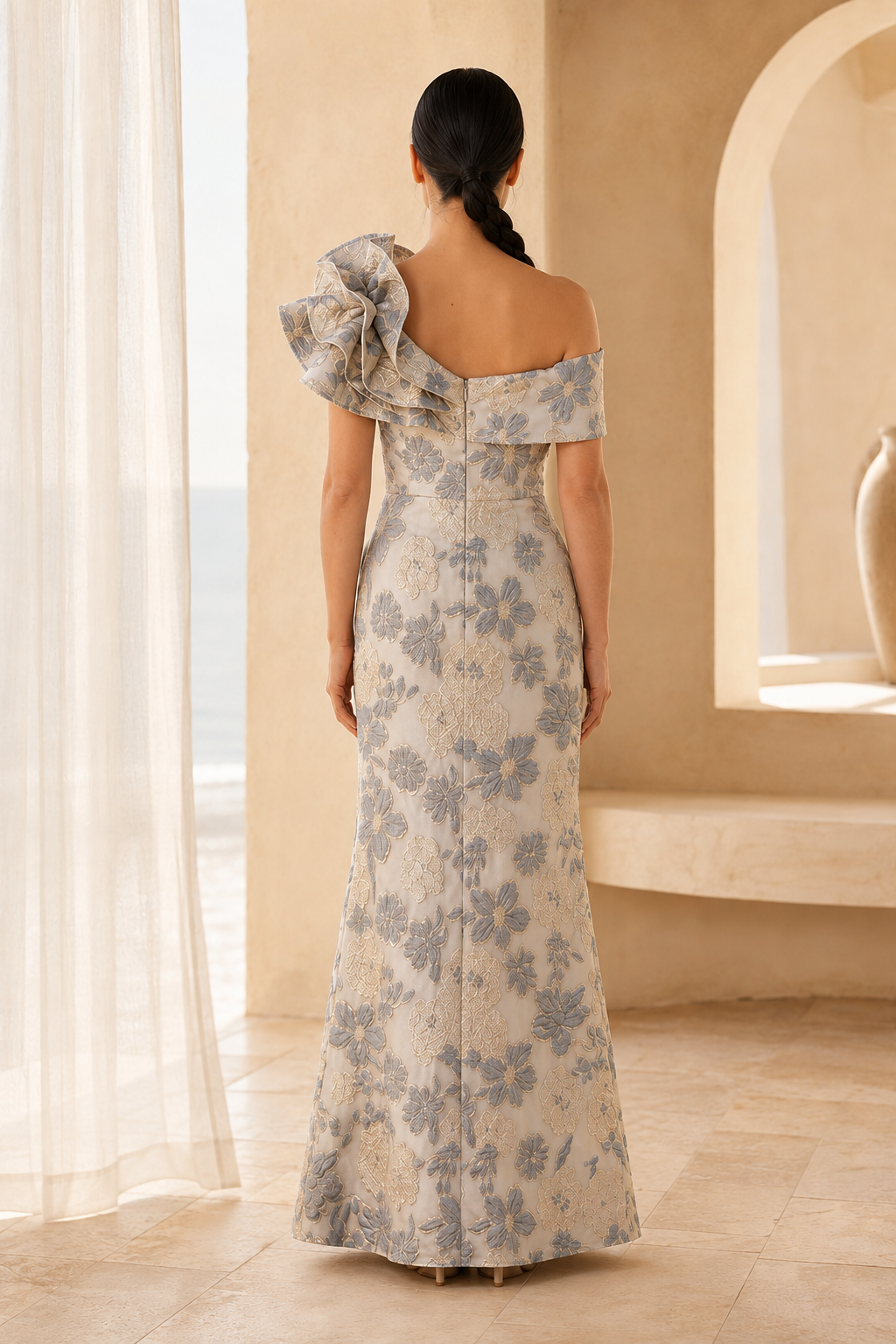 Vestido largo jacquard floral de un solo hombro con volantes