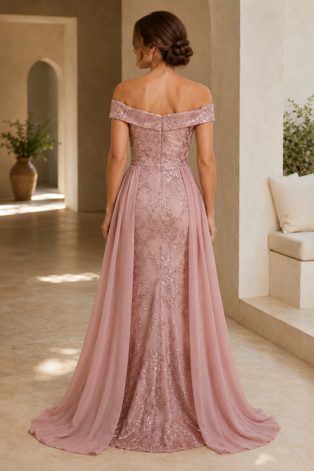 Vestido de gala de sirena de encaje con hombros descubiertos y sobrefalda