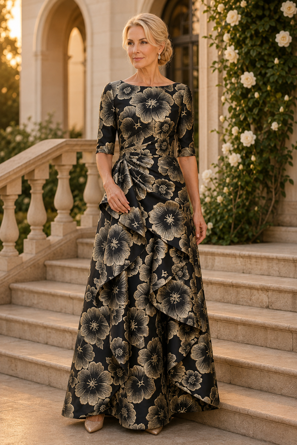 Vestido con falda A de jacquard floral con volante en cascada
