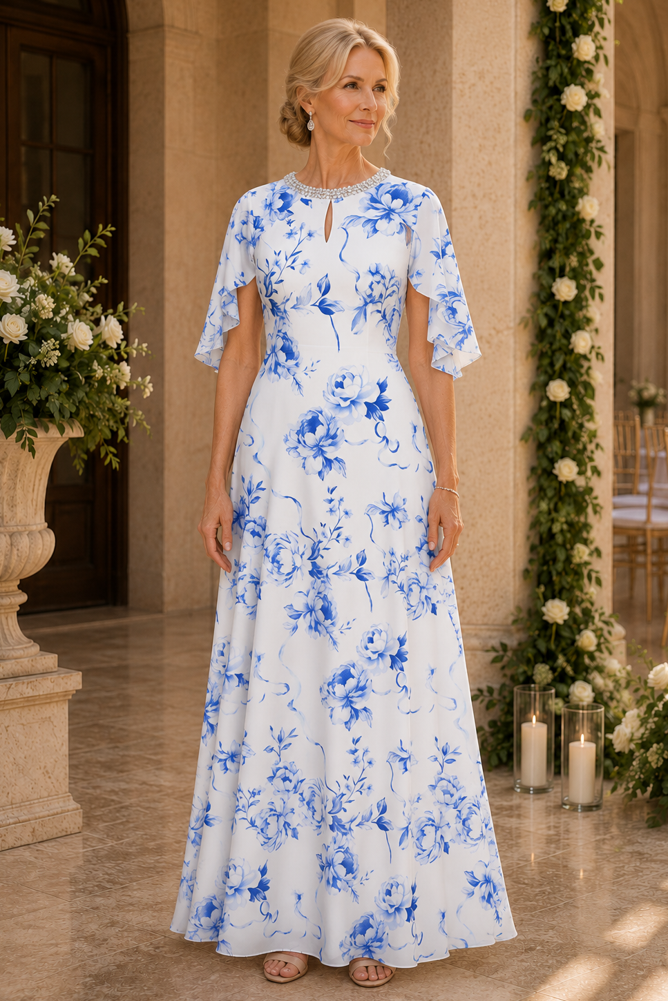 Vestido acampanado floral con mangas mariposa y cuello de cuentas