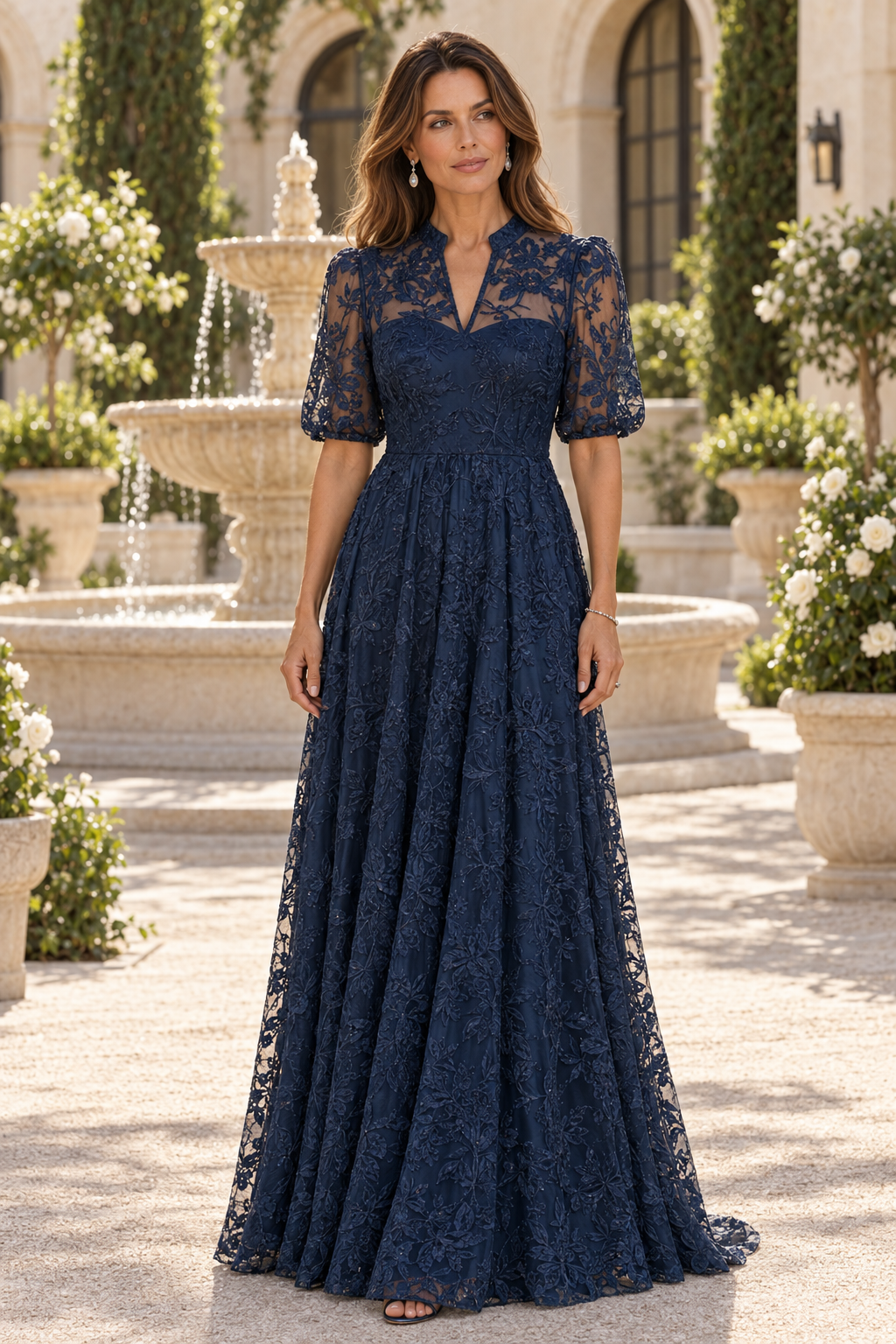 Vestido de Noche Acampanado de Encaje Floral con Mangas Tres Cuartos