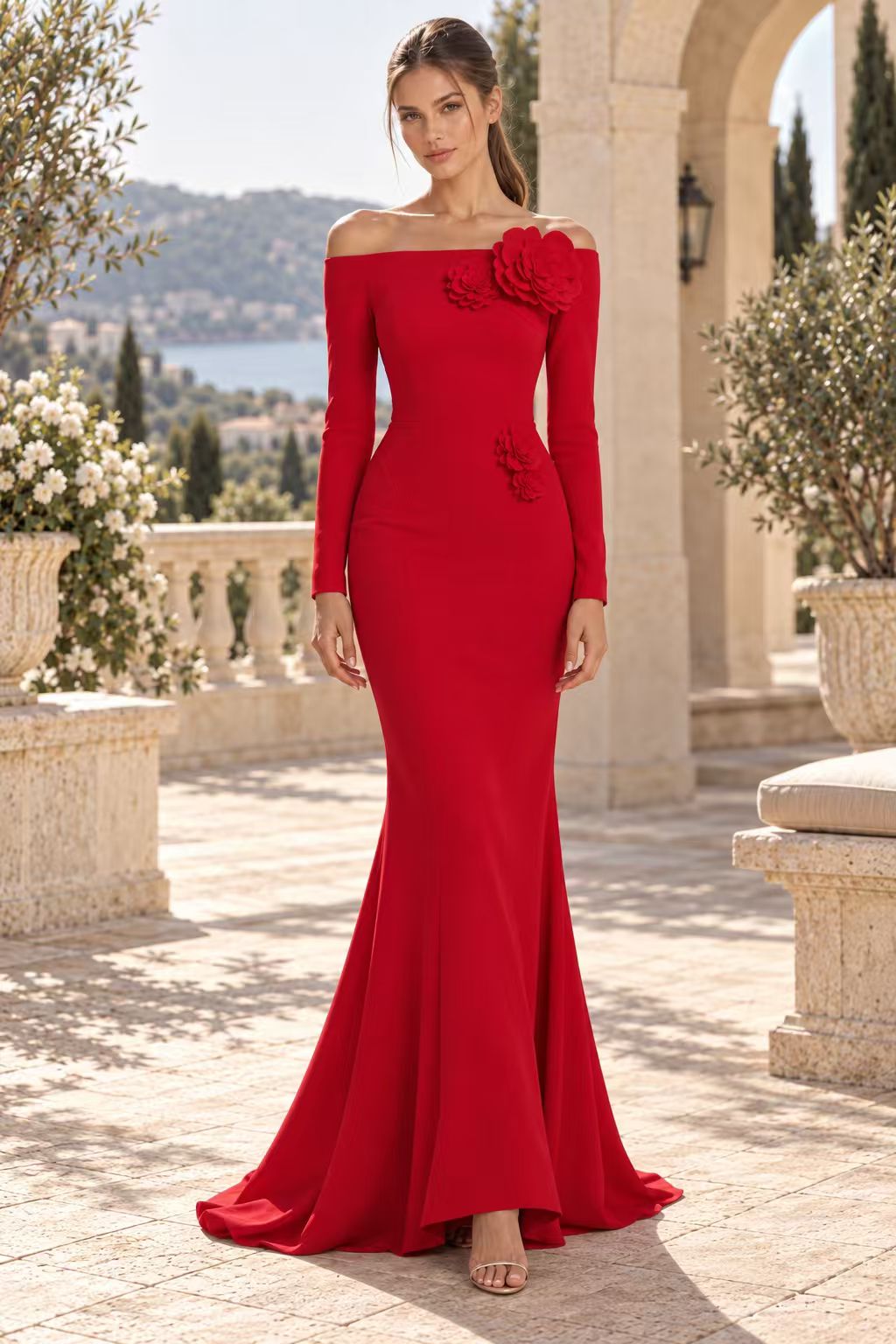 Off-the-Shoulder 3D Floral Mermaid Gown