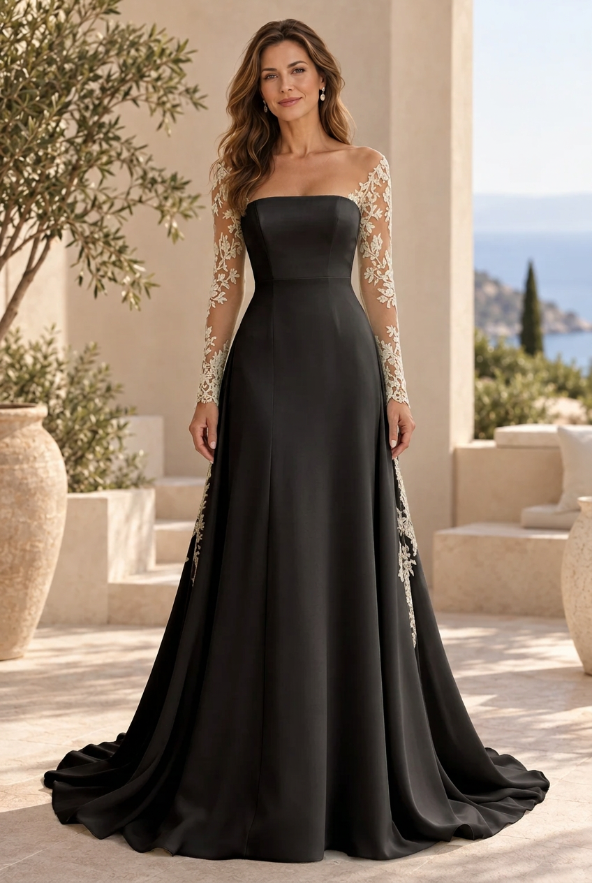 Illusion Long Sleeve A-Line Gown with Lace Insets