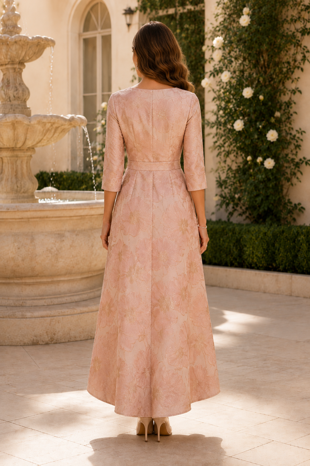 Vestido Jacquard Floral con Bajo Asimétrico y Lazo en la Cintura