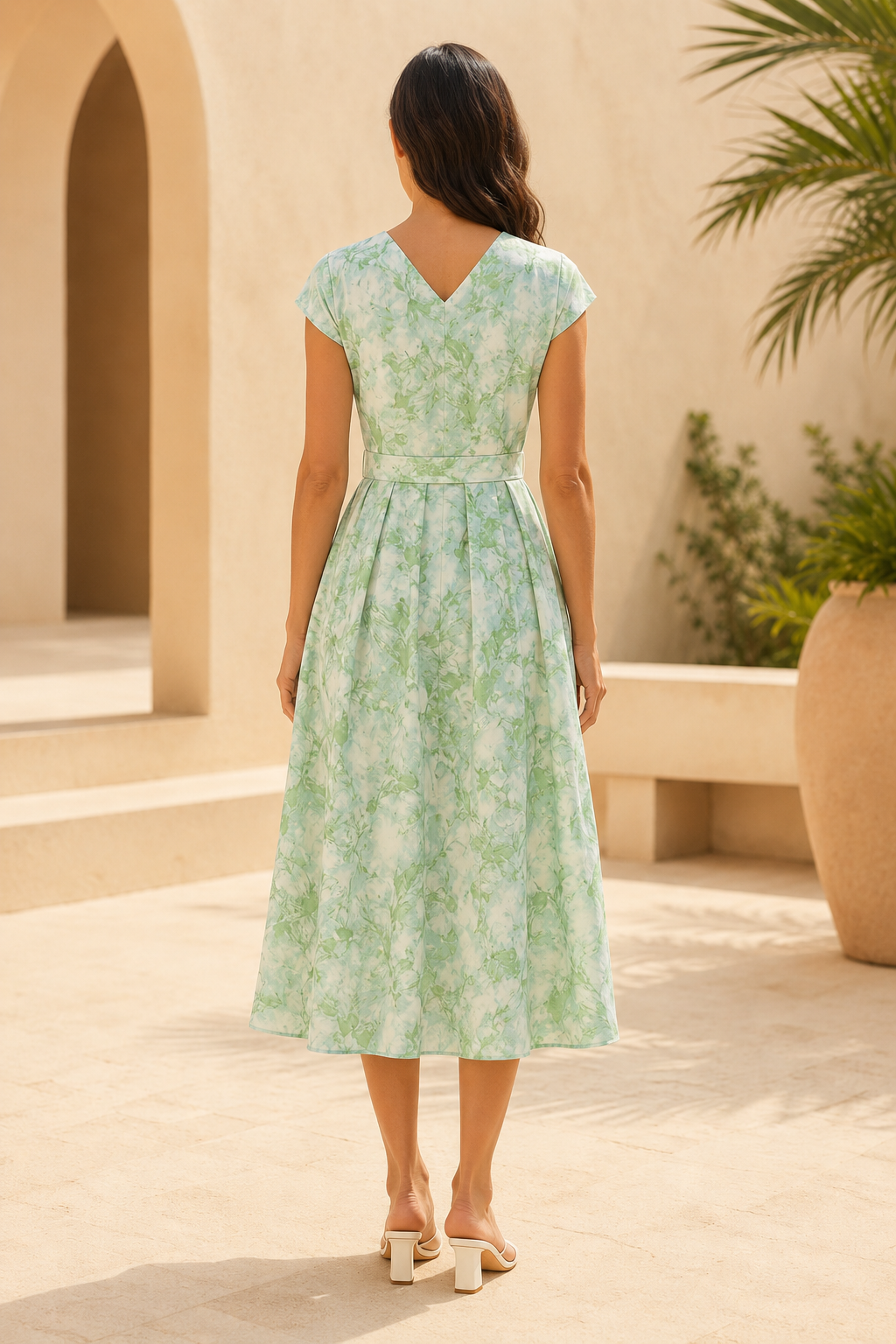 Vestido midi acampanado con cuello en V, manga casquillo y cinturón