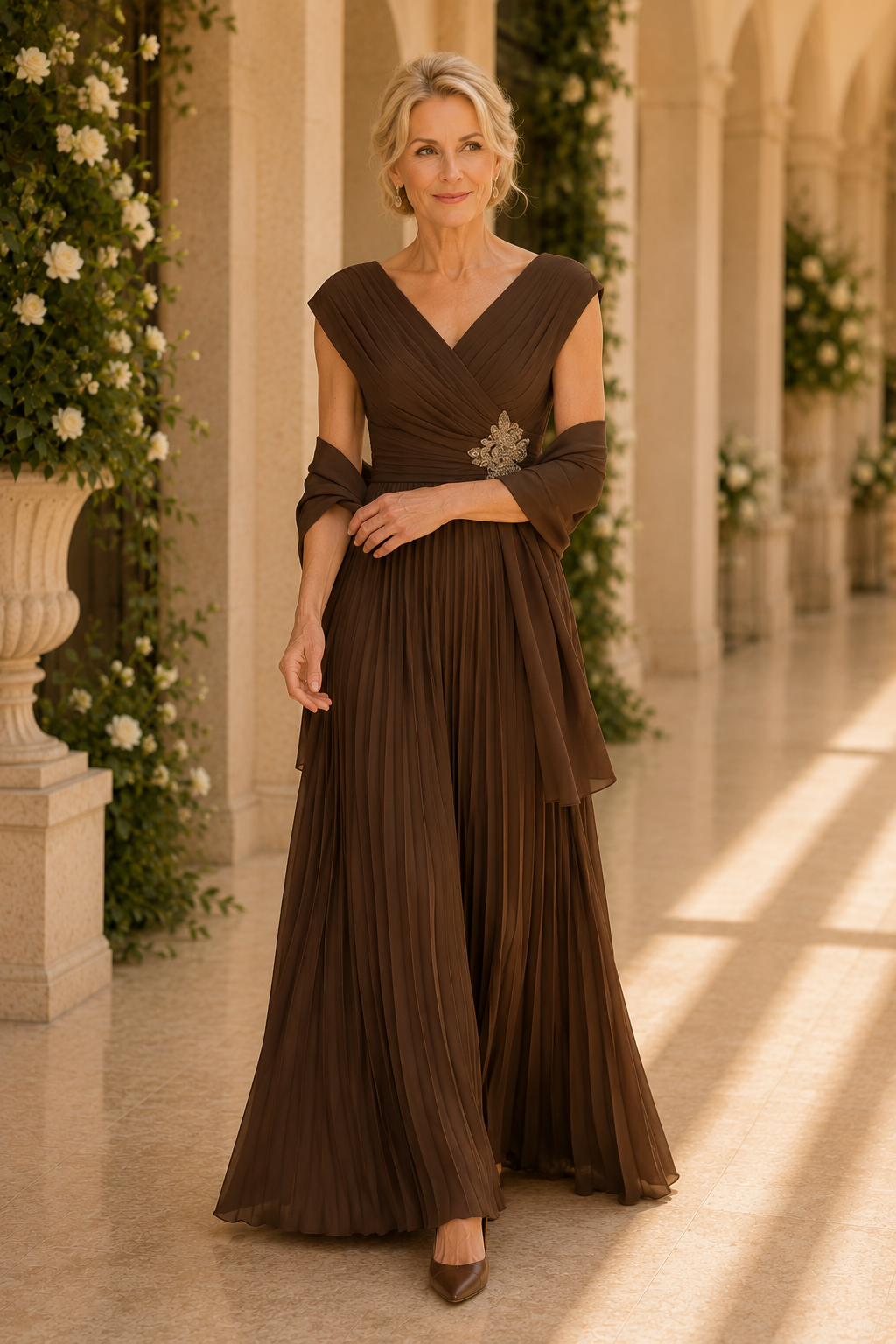 Maxivestido Plisado con Cuello en V y Chal a juego