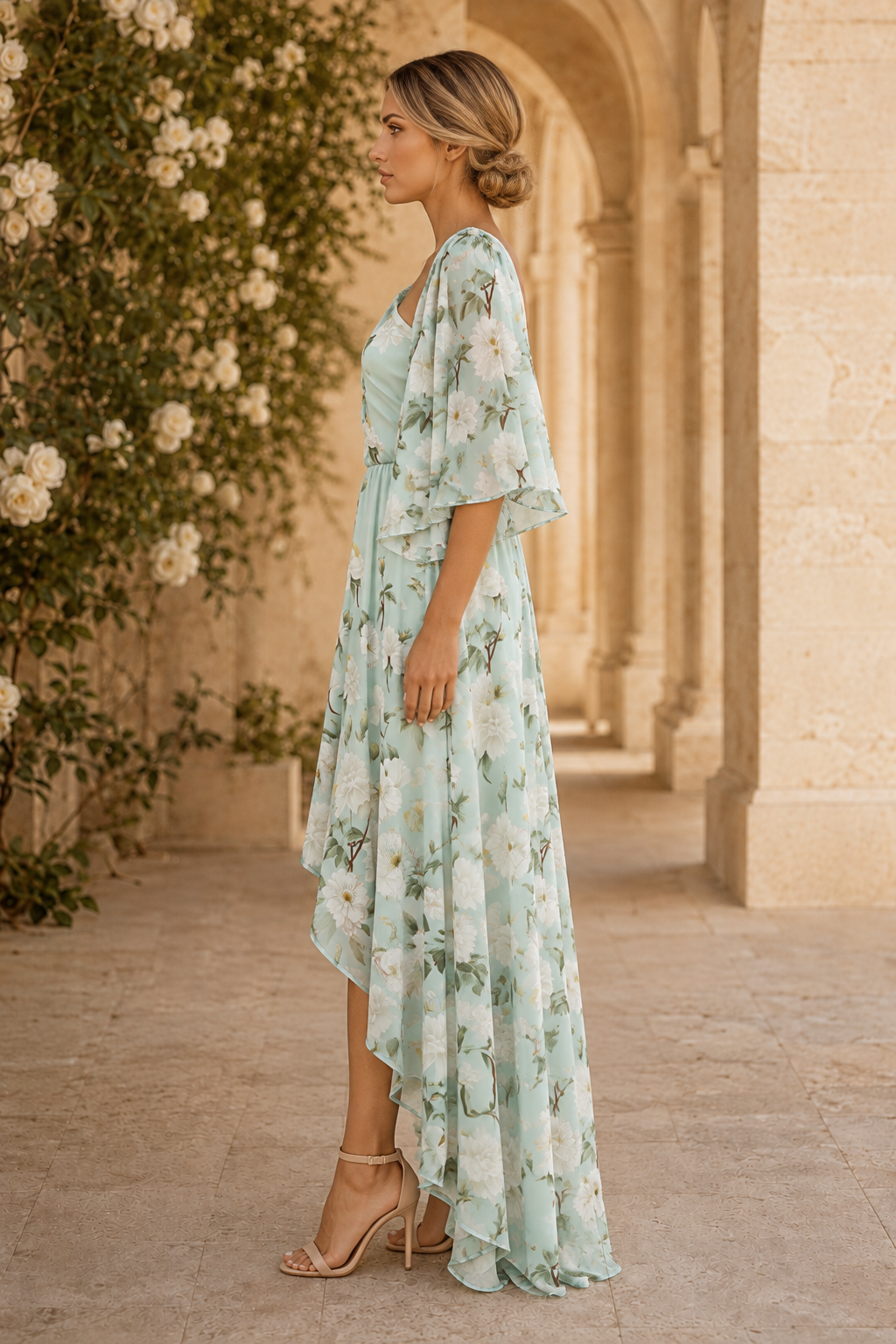 Vestido maxi floral de un solo hombro con dobladillo alto-bajo