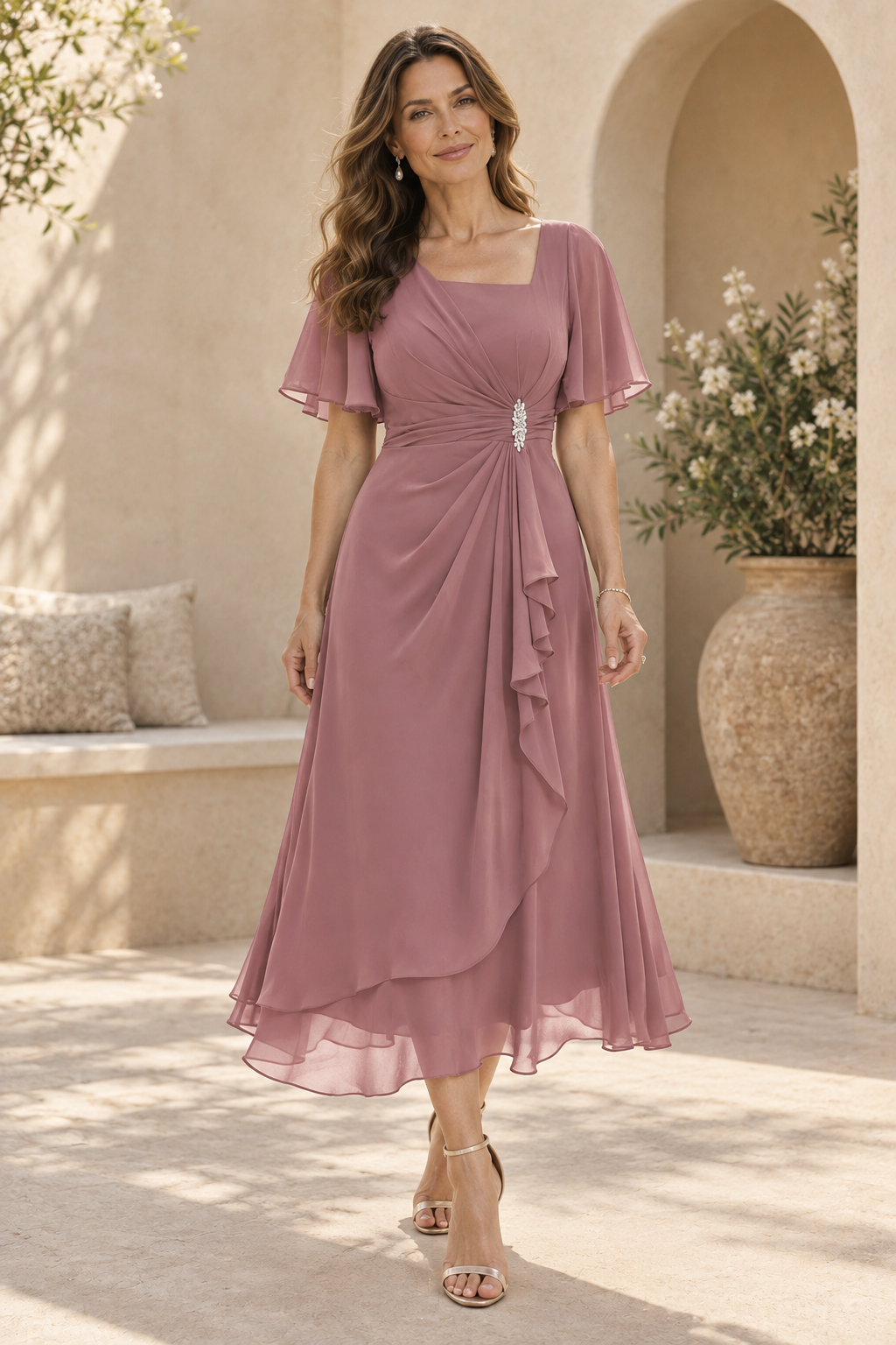 Pleated Square Neck Midi Dress with Flutter Sleeves
