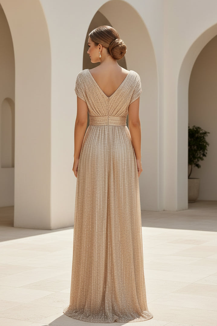 Vestido de noche de línea A con cuello en V, manga casquillo y lentejuelas
