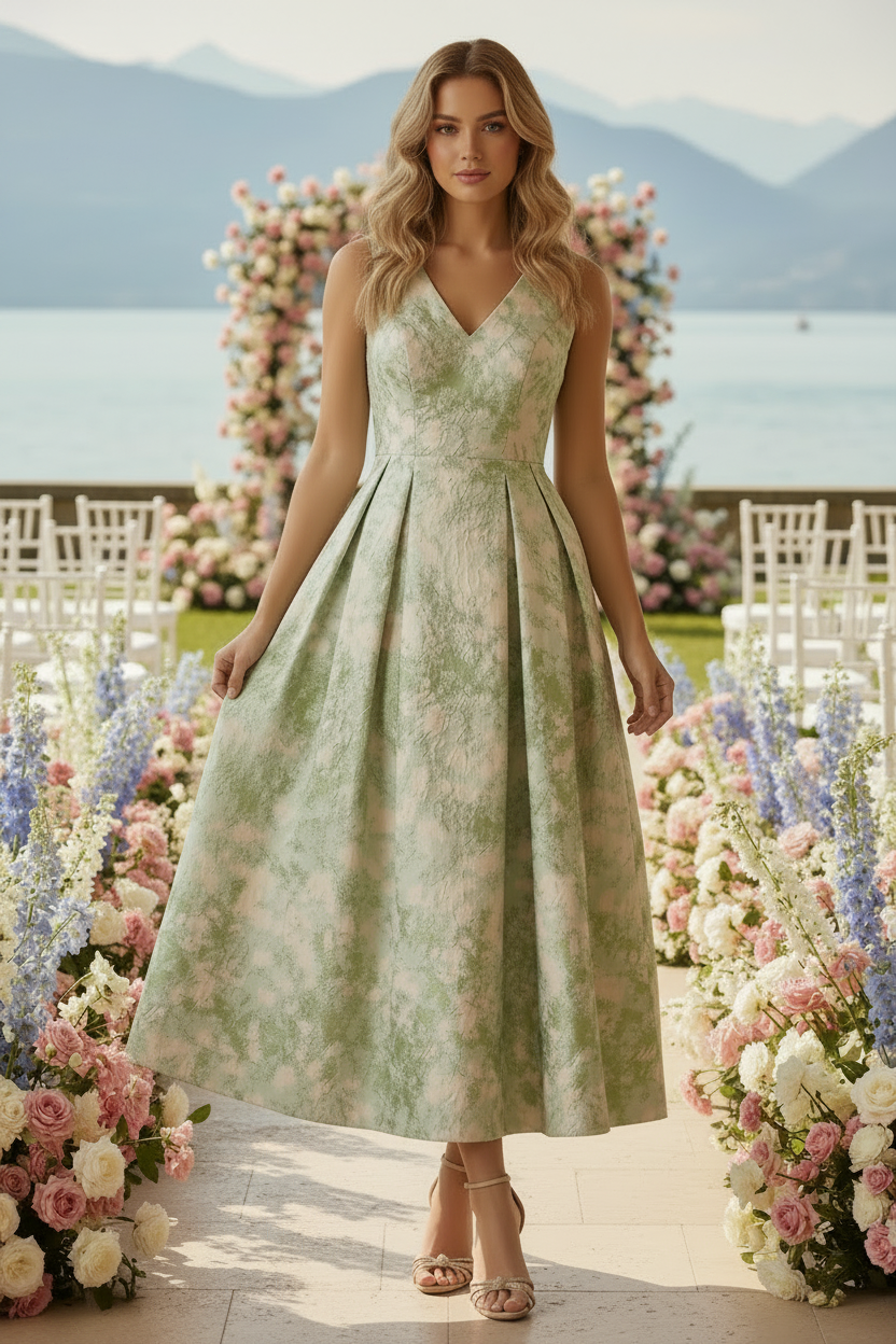 Vestido midi jacquard floral con cuello en V