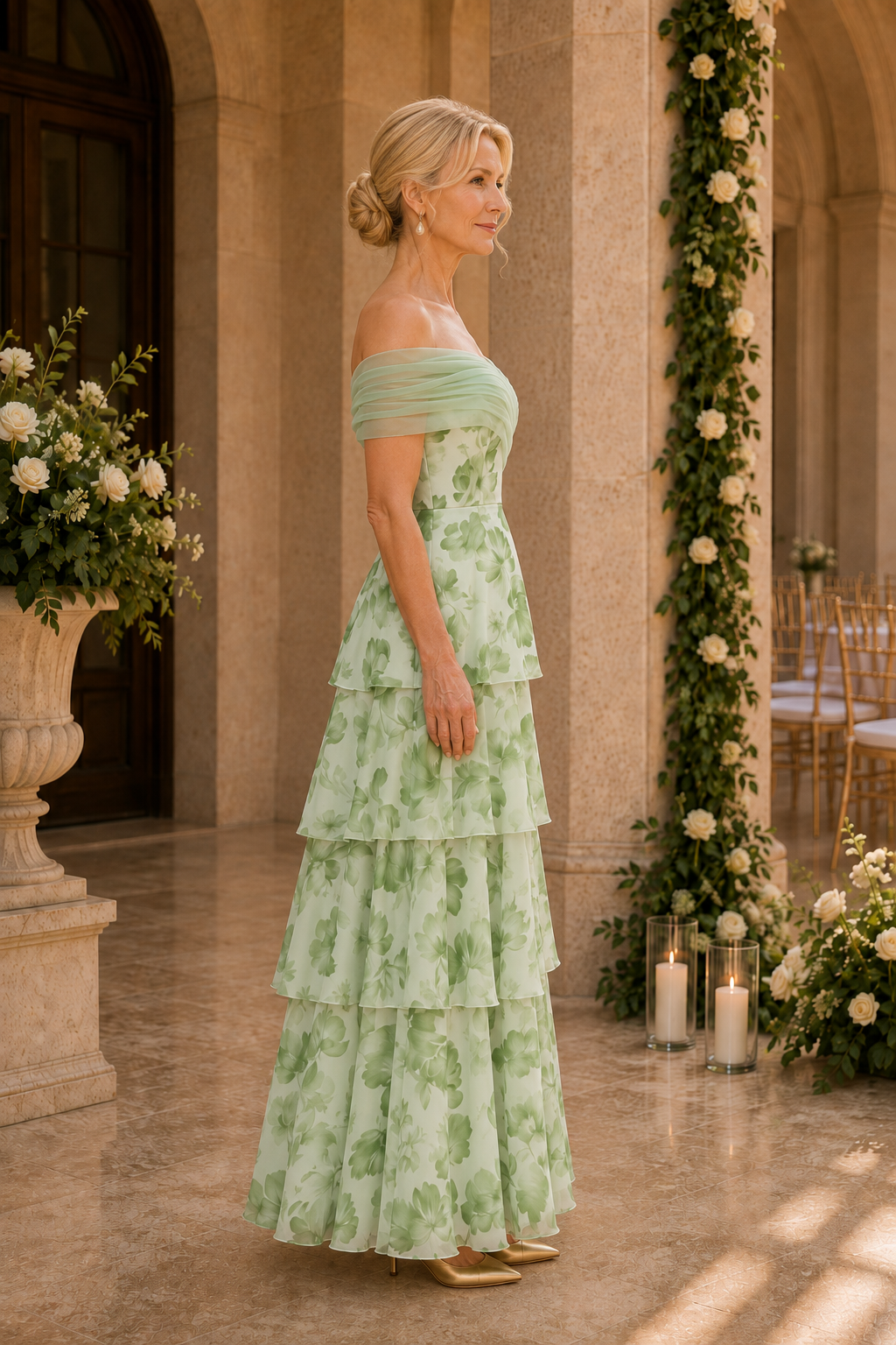 Vestido largo floral escalonado con hombros descubiertos