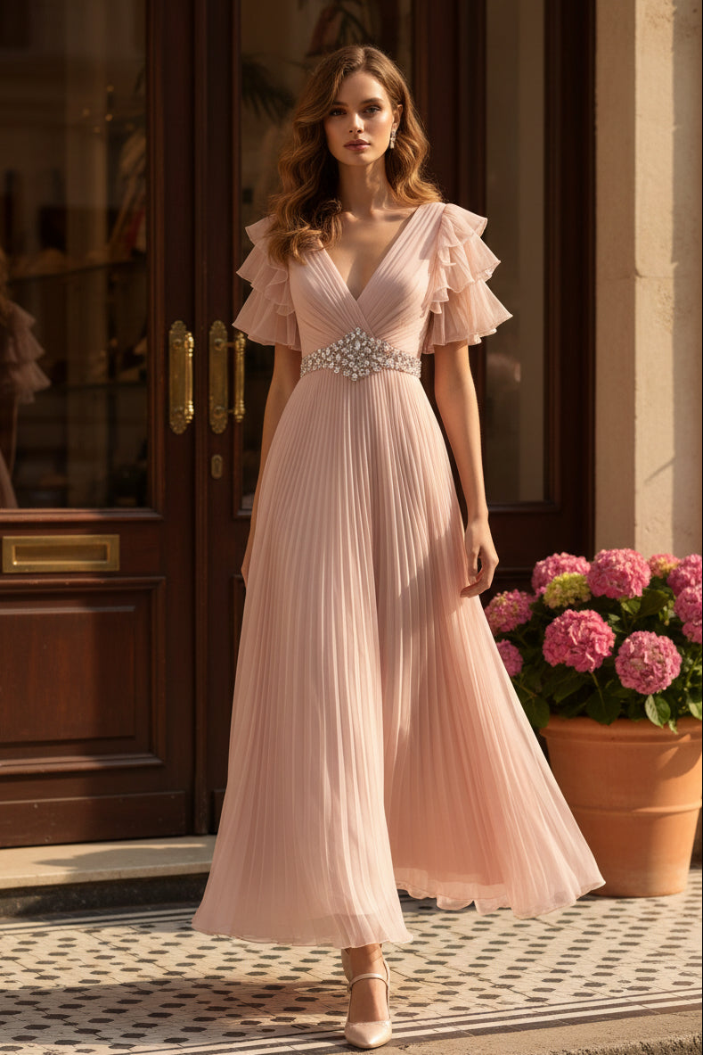 Vestido formal plisado de corte A con mangas con volantes