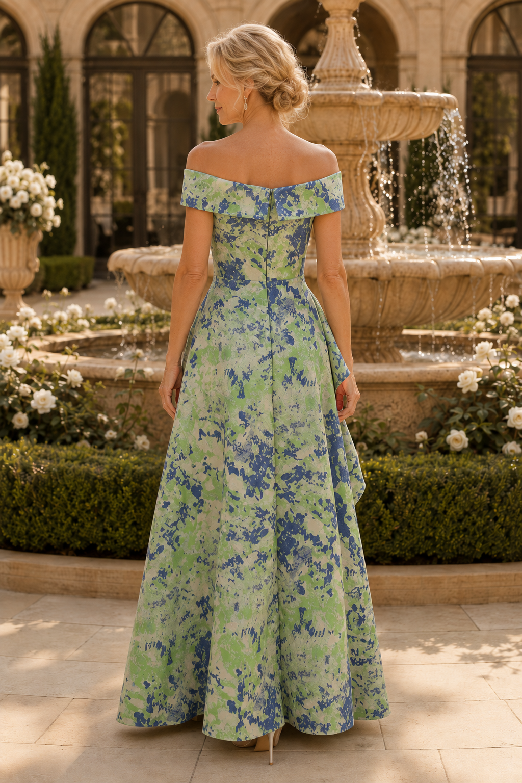 Vestido Largo A-Line con Pliegues por Niveles y Hombros Descubiertos