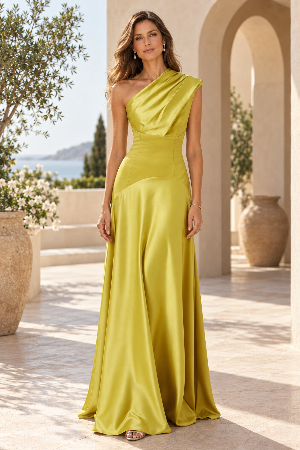 One-Shoulder Pleated Satin A-Line Gown