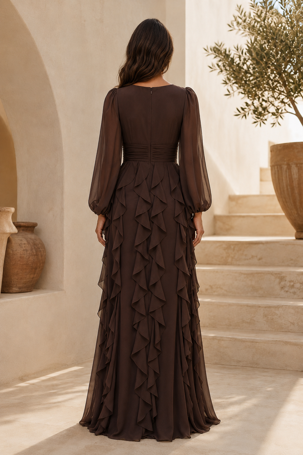 Vestido largo con volantes escalonados de manga larga