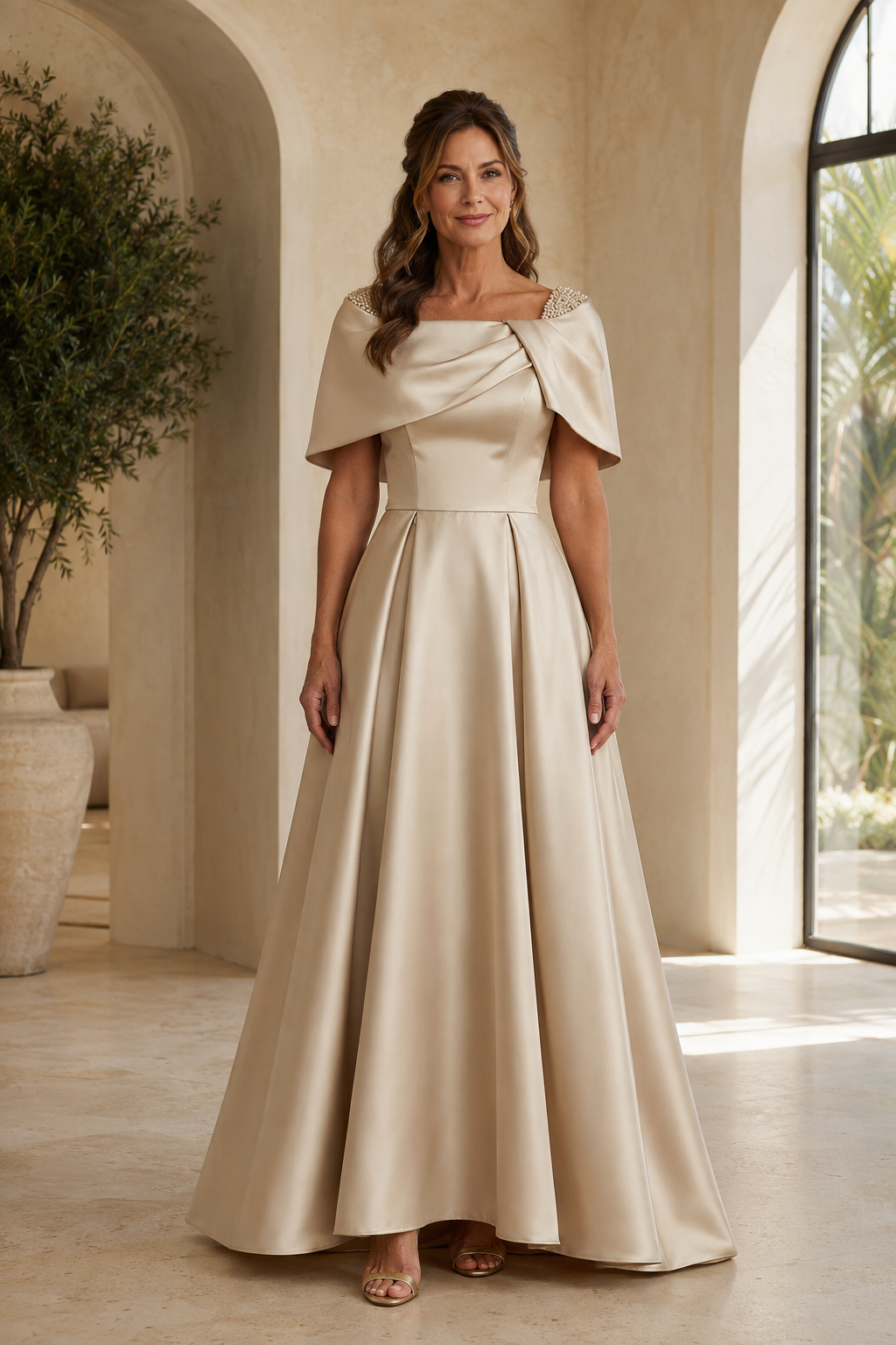Vestido de raso corte A con capelina de cuentas
