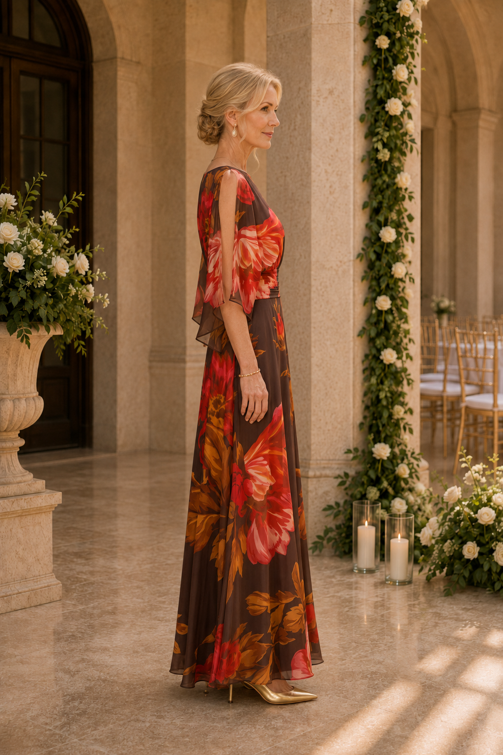 Vestido maxi evasé con estampado floral y hombros descubiertos